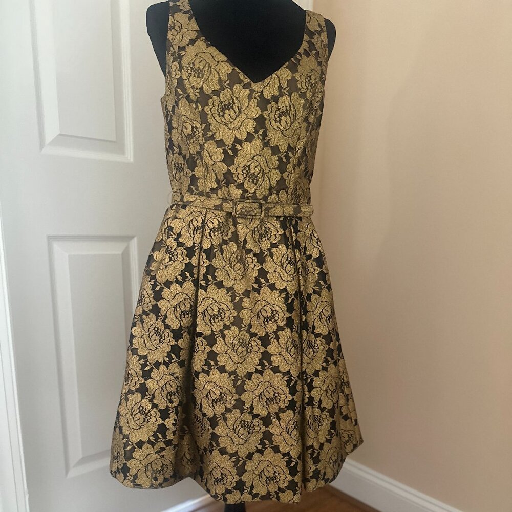 Dress by Theia in black with gold flowers size 6